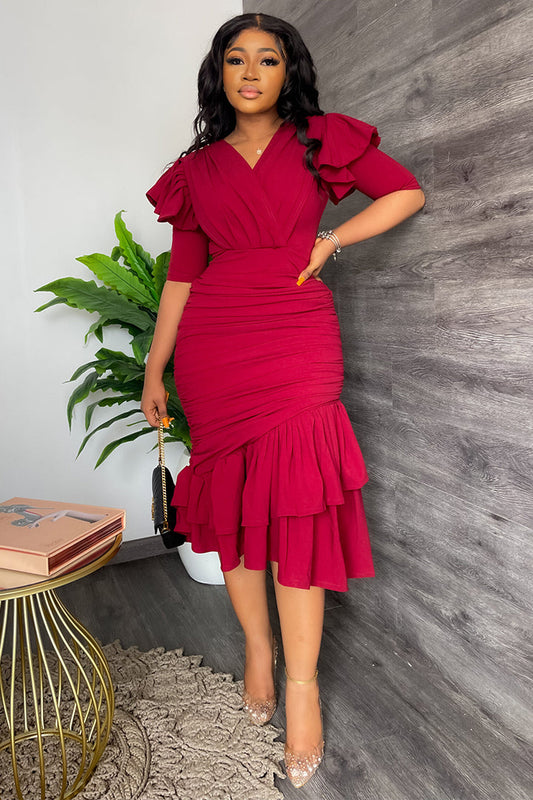 Short Sleeve Irregular Ruffle Midi Dresses