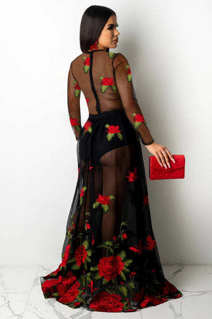 Embroidered Red Rose See Through Prom Maxi Dresses