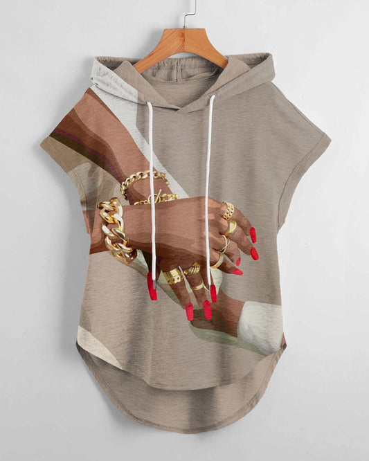 Red Nails And Gold Jewelries With Jewelries Low Hem Drawstring Hooded Tee