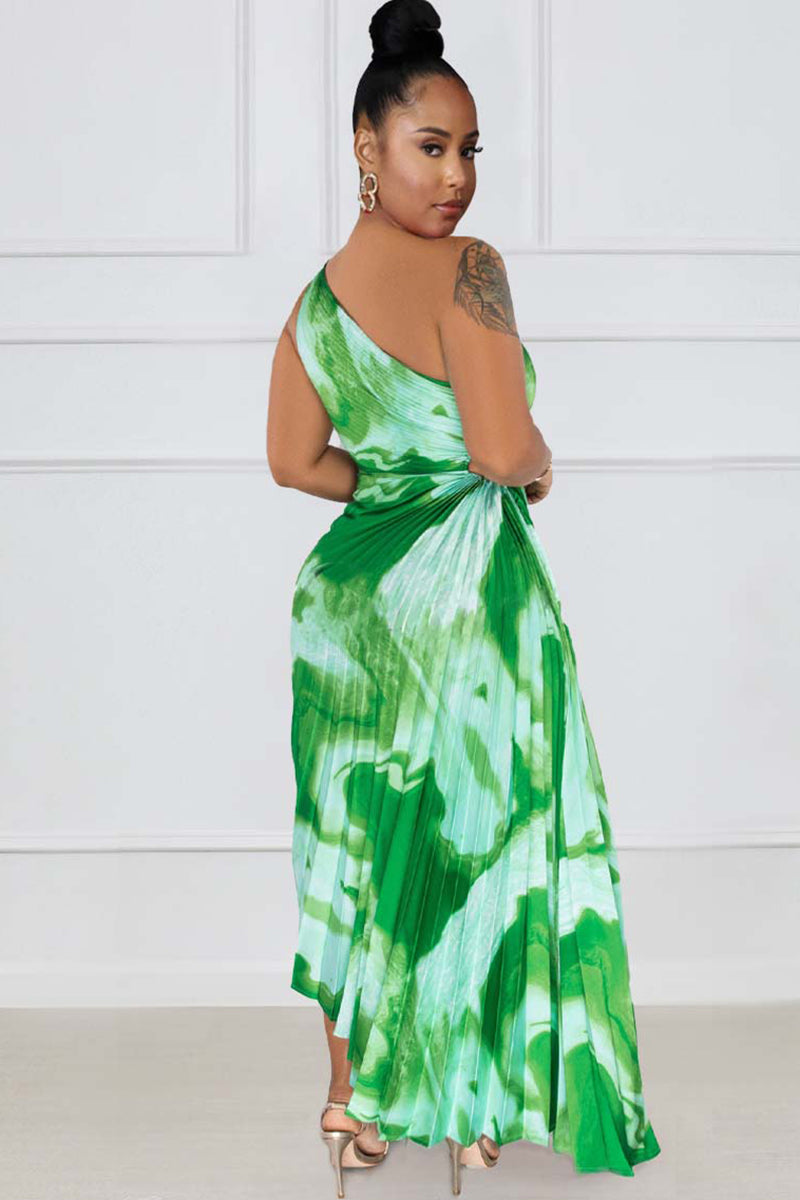 One Shoulder Sleeveless Print Cut Out Pleated Hem Maxi Dress