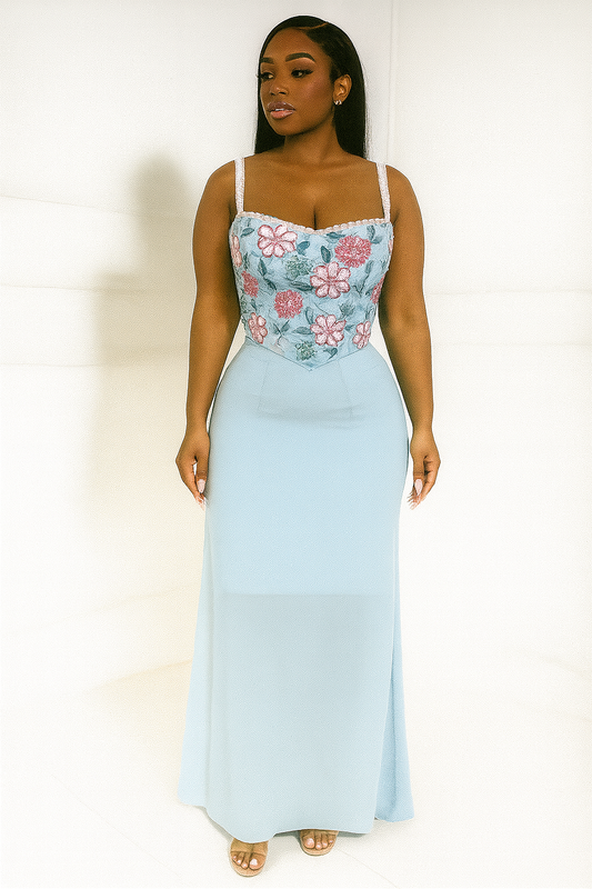 Water Blue Hand-Stitched Flower Mesh See-through Sling Long Formal Dress