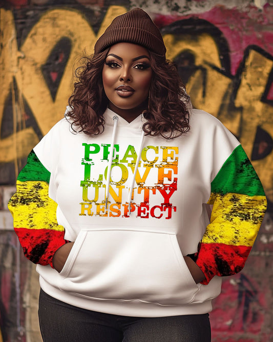 Women's Black Reggae Hip Hop Slogan Peace Love Unity Respect Hoodie