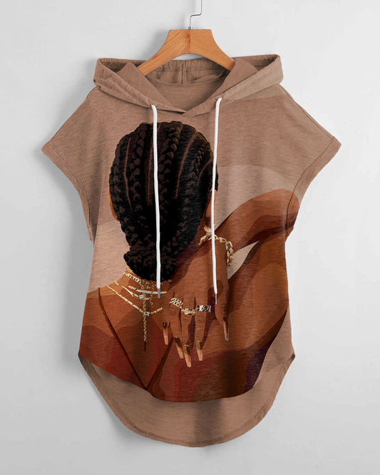 Fashion Black Woman Low Hem Drawstring Hooded Tee