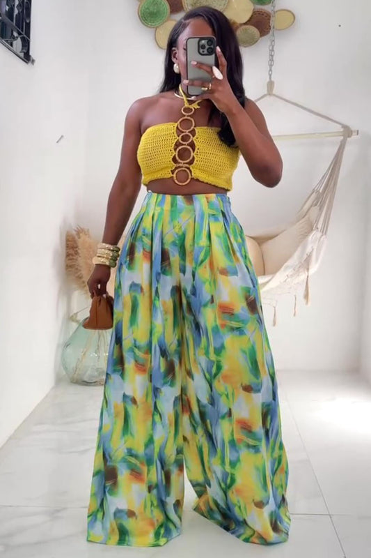 O-Ring Knit Top Print Wide Leg Pants Vacation 2pcs Set-Yellow [Pre Order]