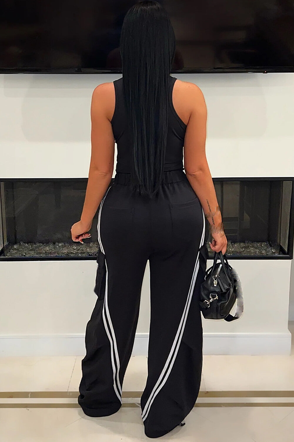 Denim Patchwork High Waist Striped Print Wide Leg Pants-Black