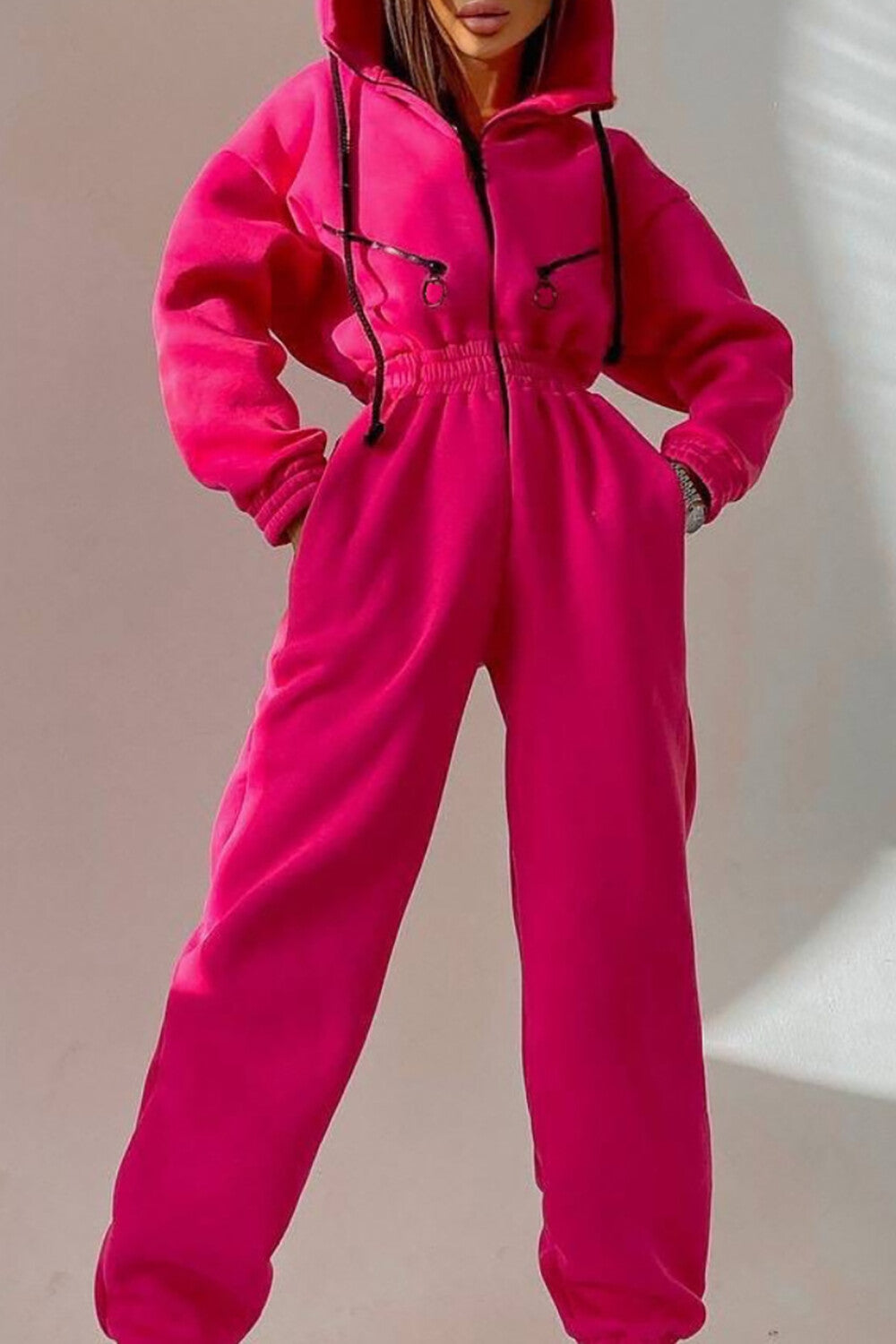 Zip-Up Cinch Waist Long Sleeve Hooded Solid Color Casual Jumpsuit-Green