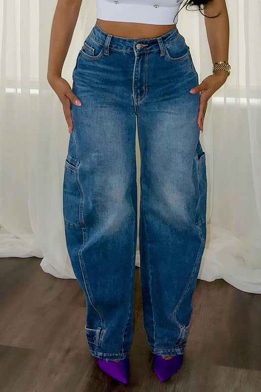 Denim High Waist Wide Leg Oversize Pockets Casual Jeans-Blue