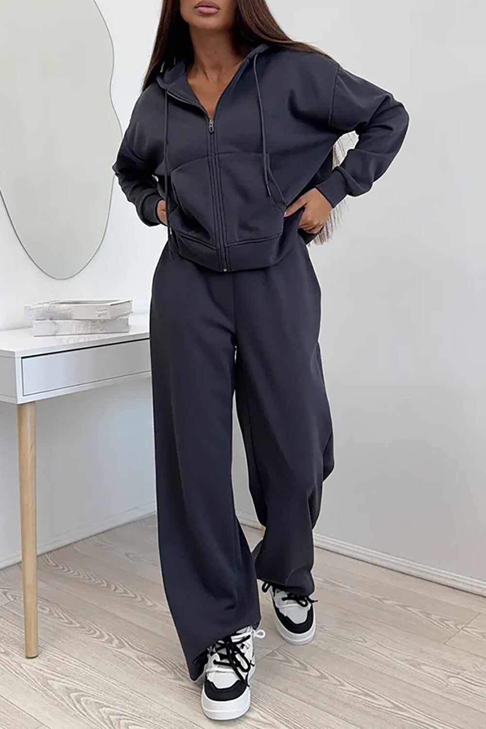 Zip-Up Hooded Track Jacket Solid Color Wide Leg Pants Matching Set-Pink