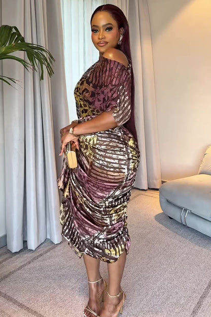 Allover Print Boat Neck Ruched Sleeve Overlap Midi Dresses-Brown [Pre Order]