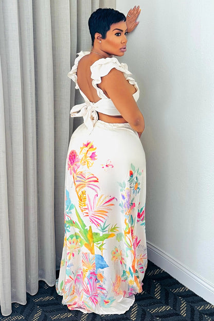 Floral Placement Print Ruffle Cutout Vacay Maxi Dresses-White [Pre Order]