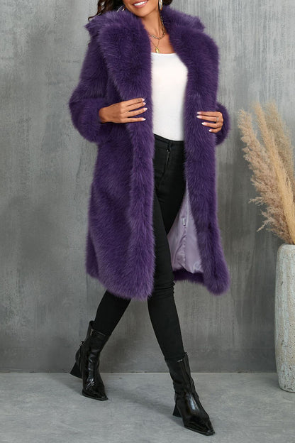 Notch Collar Long Sleeve Faux Fur Fuzzy Overcoat-Camel