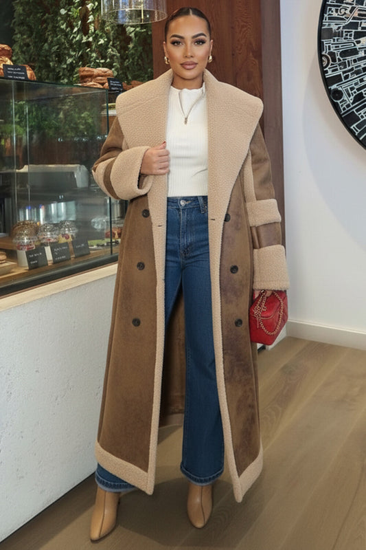 Shawl Neck Double Breasted Fleece Lined PU Leather Overcoat-Brown [Pre Order]