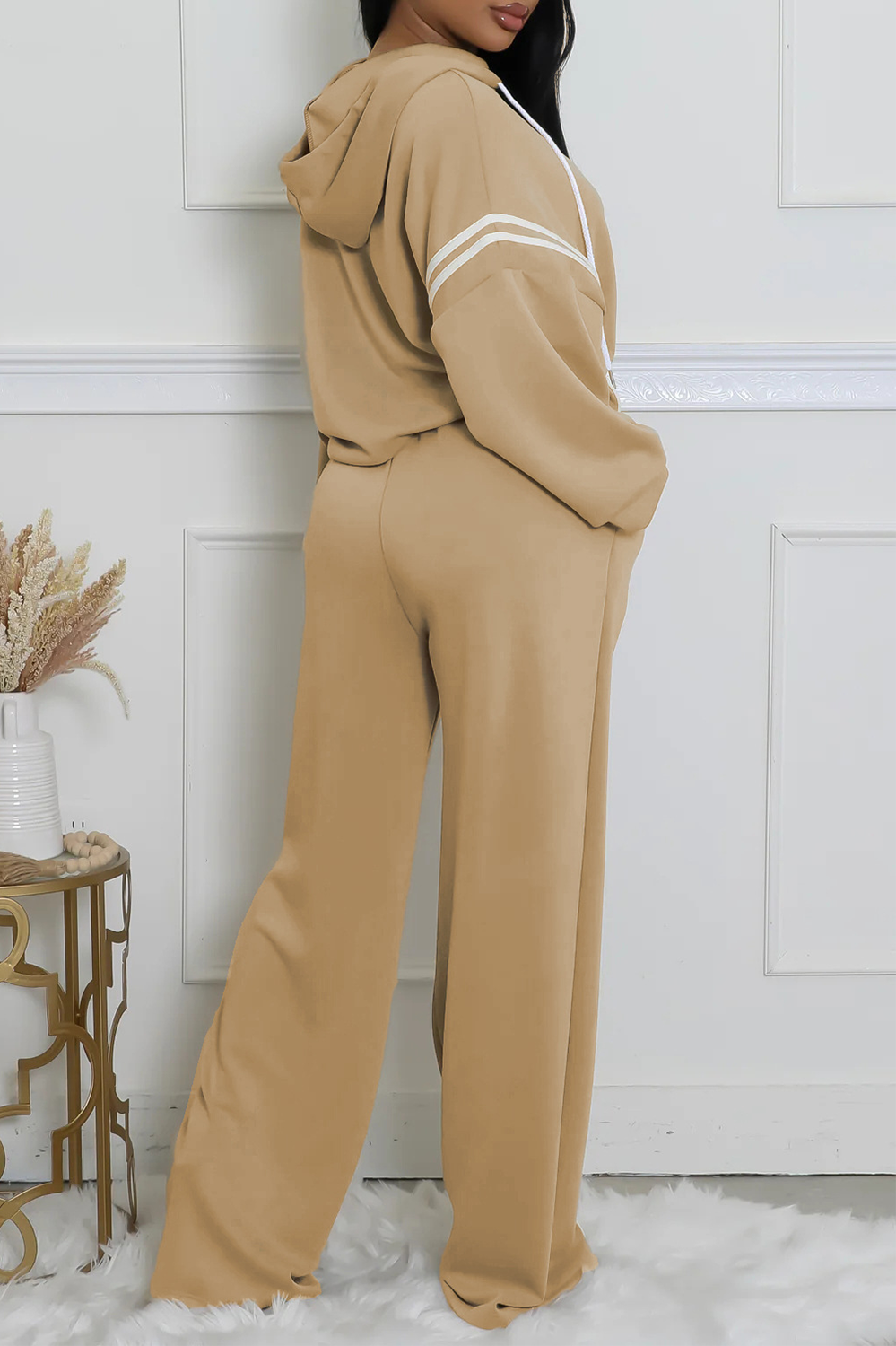 Colorblock Trim Long Sleeve Hoodie Straight Leg Pants Casual 2pcs Set-Black