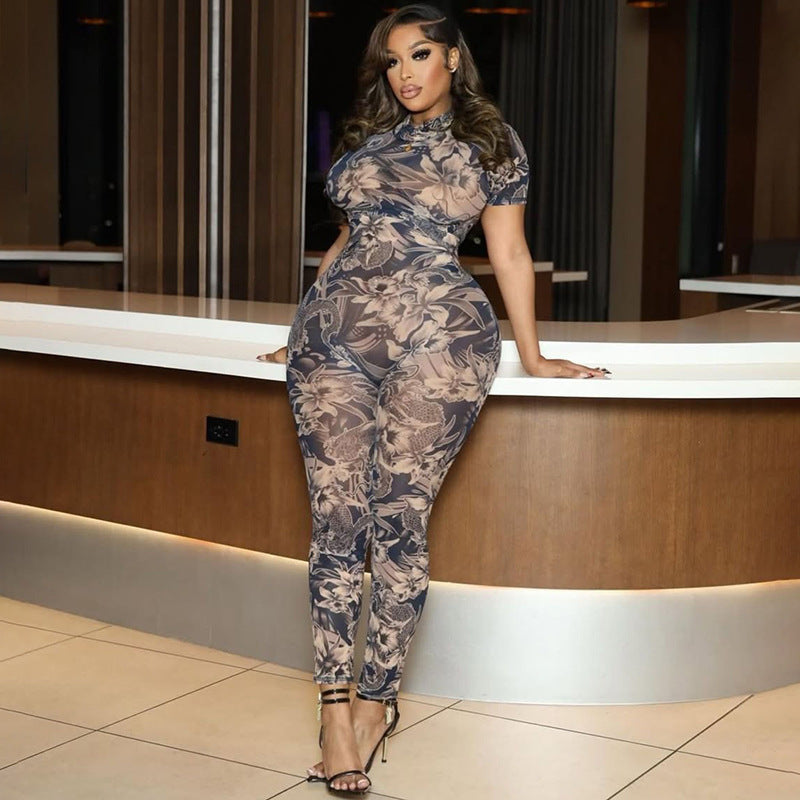 Women's Sexy Backless Fashion Printed Sheer Mesh Jumpsuit