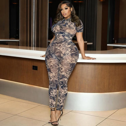 Women's Sexy Backless Fashion Printed Sheer Mesh Jumpsuit