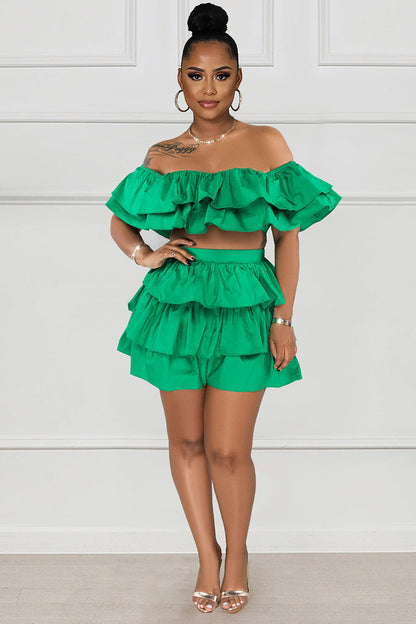 White Tiered Ruffled Off Shoulder Crop Top High Waist Shorts Matching Set