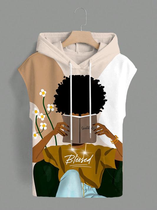 Afro Reading Girl Pocket Drawstring Hooded Tee