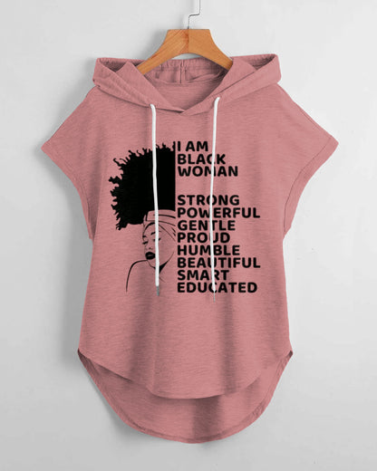 I Am Black Women Hem Drawstring Hooded Tee