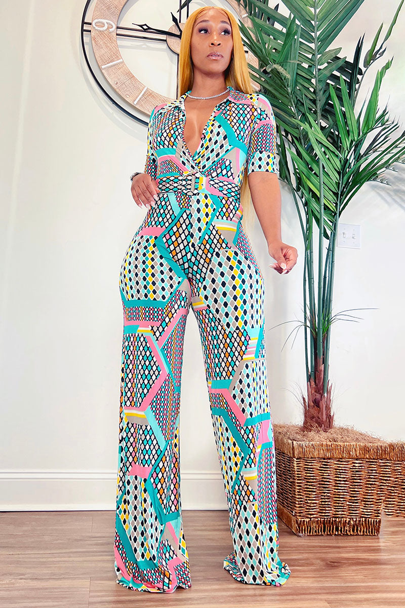 Pattern Print Deep V Neck Short Sleeve Straight Leg Vacation Jumpsuit