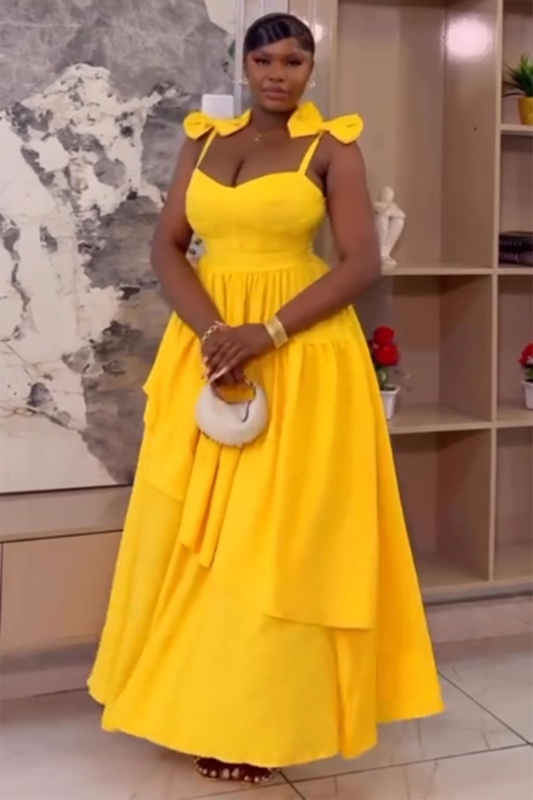 Bow Decor Cami Gathered Layered Hem Party Maxi Dresses-Yellow [Pre Order]