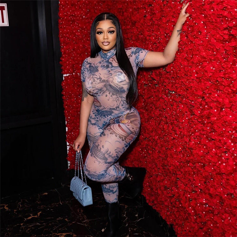 Women's Sexy Backless Fashion Printed Sheer Mesh Jumpsuit