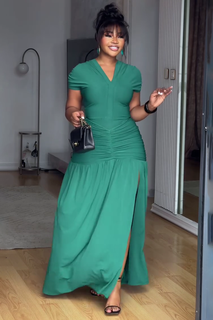 V Neck Cap Sleeve Ruched Dropped Waist Daily Maxi Dresses-Green [Pre Order]