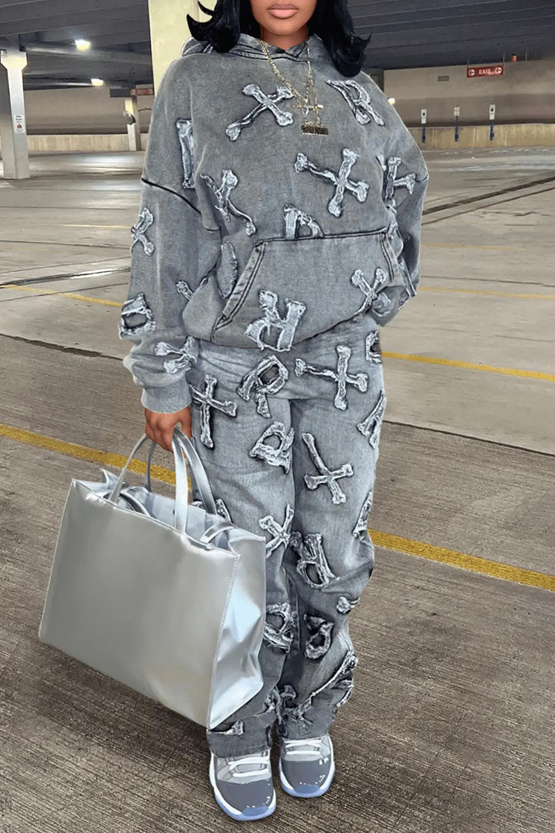 Letter Cross Pattern Pocket Hoodie Straight Leg Pants Matching Set-Grey