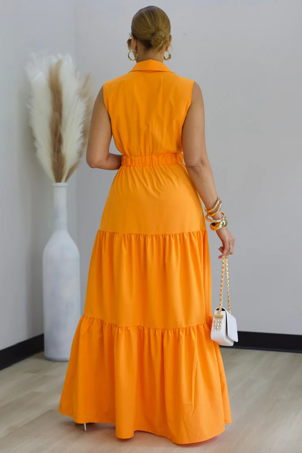 Cargo Pocket Tiered Cinched Sleeveless Daily Maxi Dresses-Orange