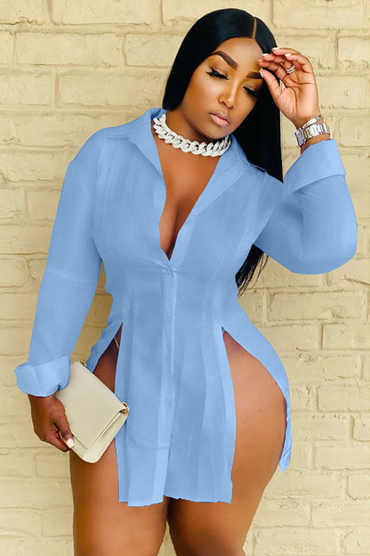 Slit Button Down Shirt Top Long Sleeve Mini Dresses