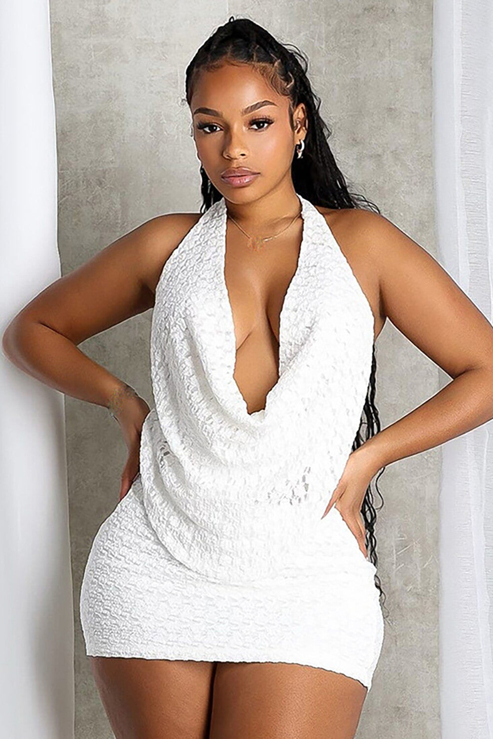 Jacquard Lace Cowl Neckline Halter Top Bodycon Mini Skirt 2pcs Set-White