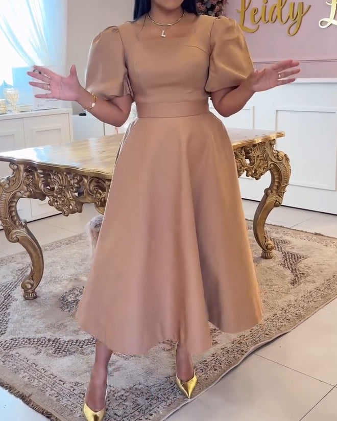 Women Summer Formal Elegant Square Neck Short Sleeve A-Line Midi Dress