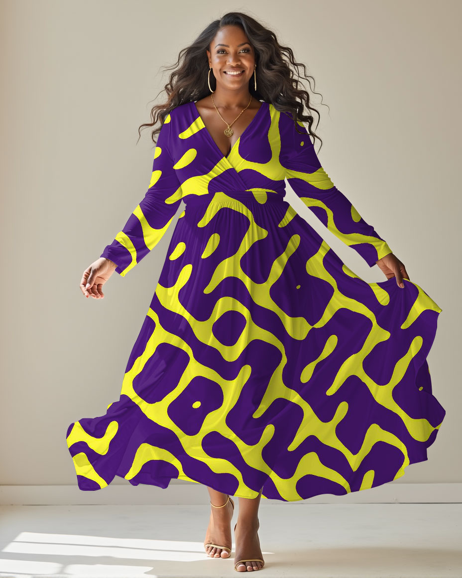 Women Casual Elegant Lemon Yellow and Purple Print Wrap Midi Dress