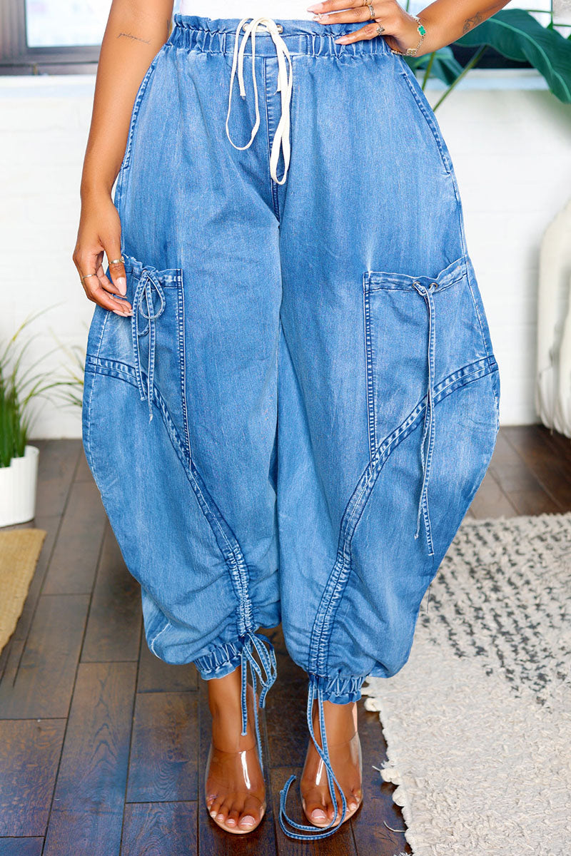 Drawstring Waist Ruched Tapered Leg Denim Harem Pants-Blue [Pre Order]