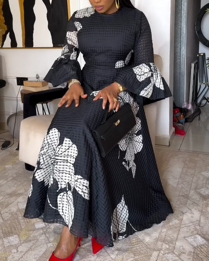 Formal Floral Crew Neck Long Sleeve Maxi Dress