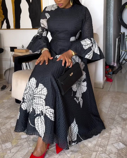 Formal Floral Crew Neck Long Sleeve Maxi Dress