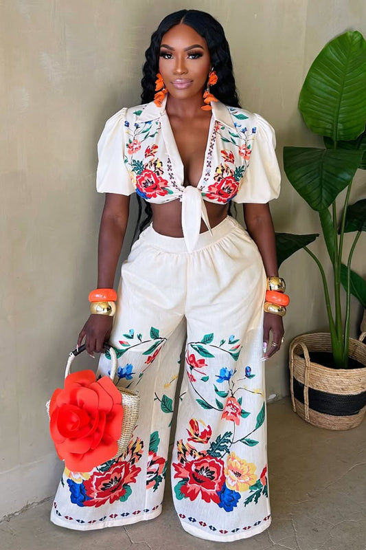 Floral Placement Print Crop Blouse Wide Leg Pants 2pcs Set-White [Pre Order]