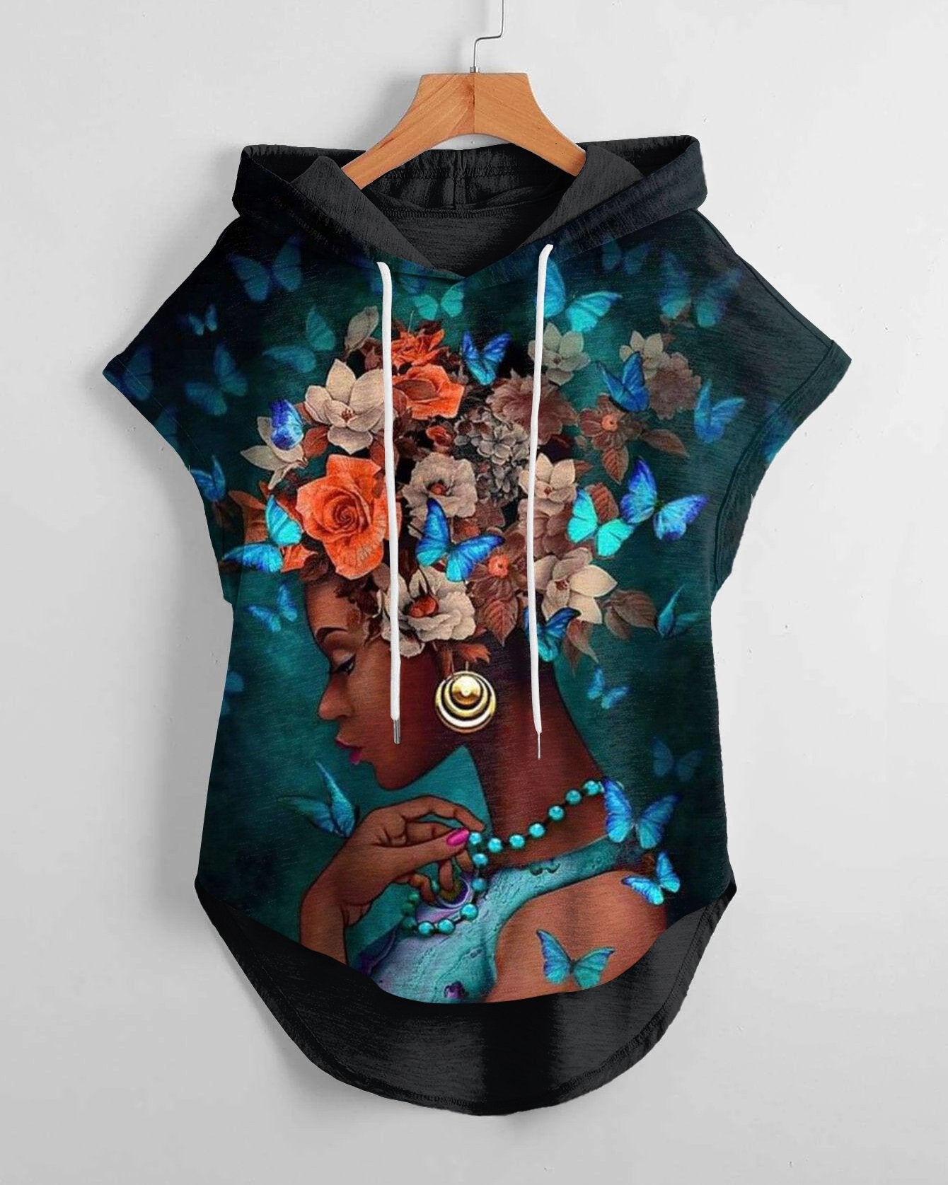 Color Butterfly Afro Girl Magic Low Hem Drawstring Hooded Tee