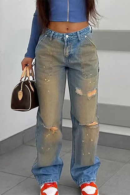 Denim Distressed Raw Edge Ripped Straight Leg Jeans-Blue