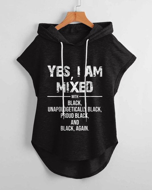 I Am Mixed with Black Low Hem Drawstring Hooded Tee