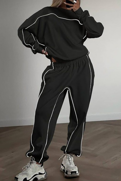 Contrast Piping Long Sleeve Sweatshirt Casual Jogger Pants 2pcs Set-Black
