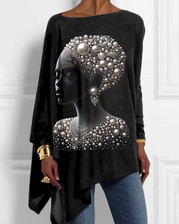 Diamond Earrings Pearl Girl Art Print Off-shoulder Irregular Top