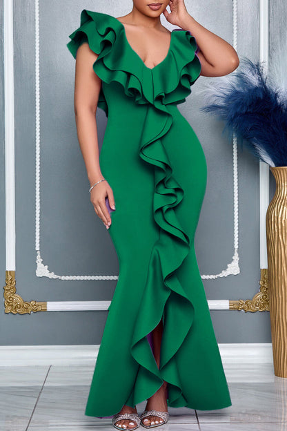 V Neckline Bodycon Fishtail Hem Ruffled Gowns Maxi Dresses-Green