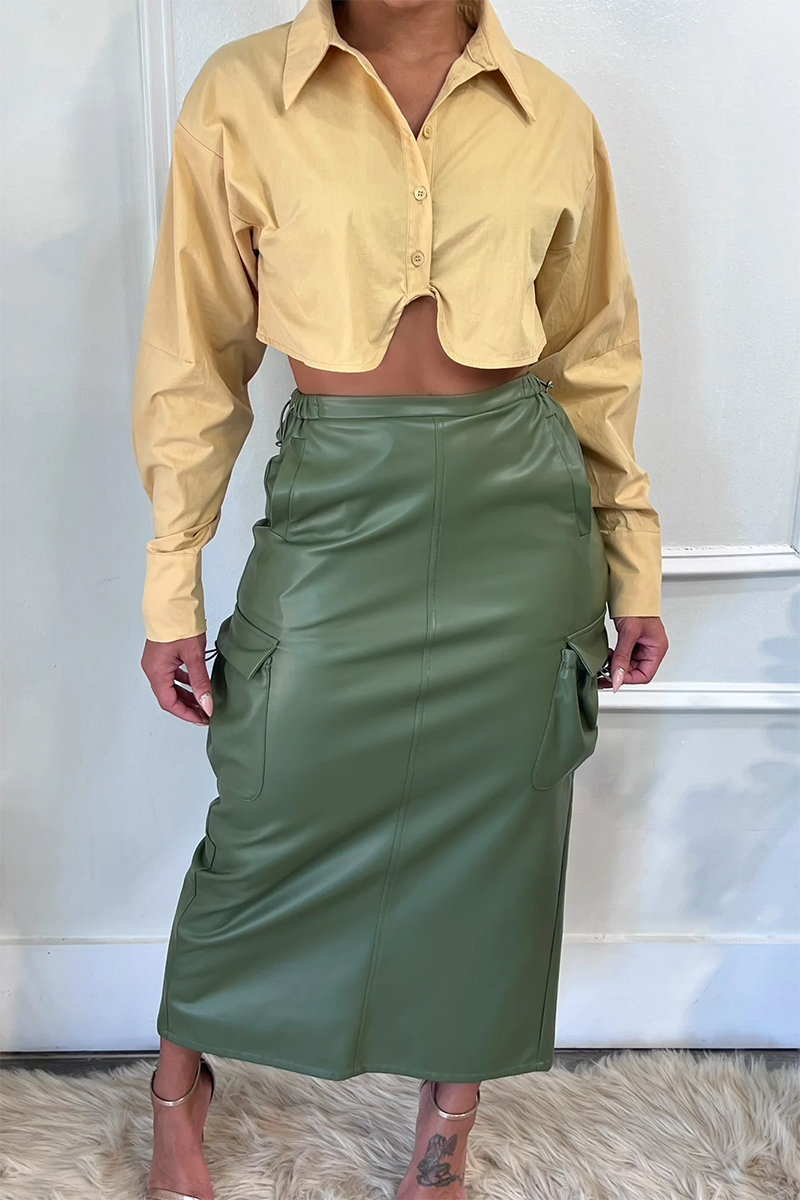 Elastic Waist Pockets PU Leather Midi Skirt-Green