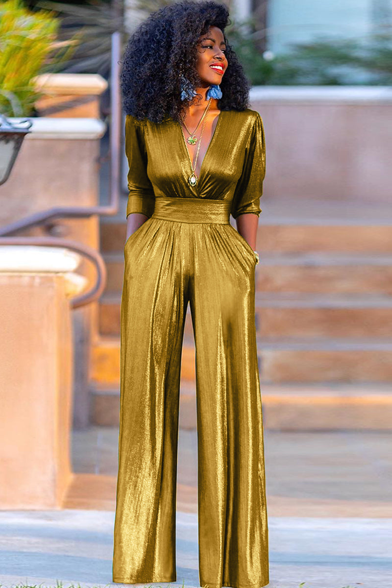 Party Reflective Half Sleeve V Neck Wide Leg Jumpsuit