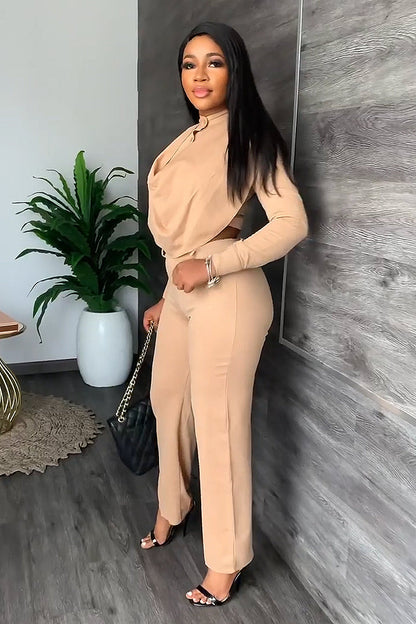 Button Turtleneck Long Sleeve Top Pants Set