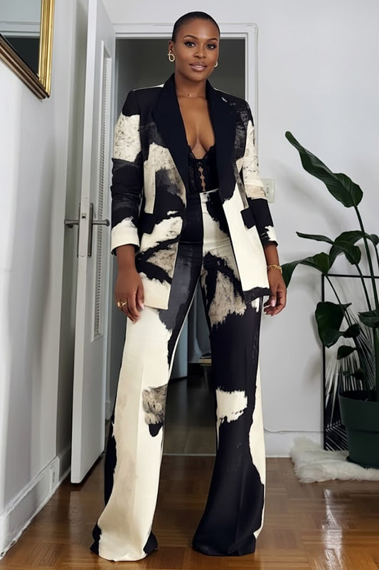 Pattern Print Colorblock Blazer High Waist Pants 2pcs Set-Black [Pre Order]