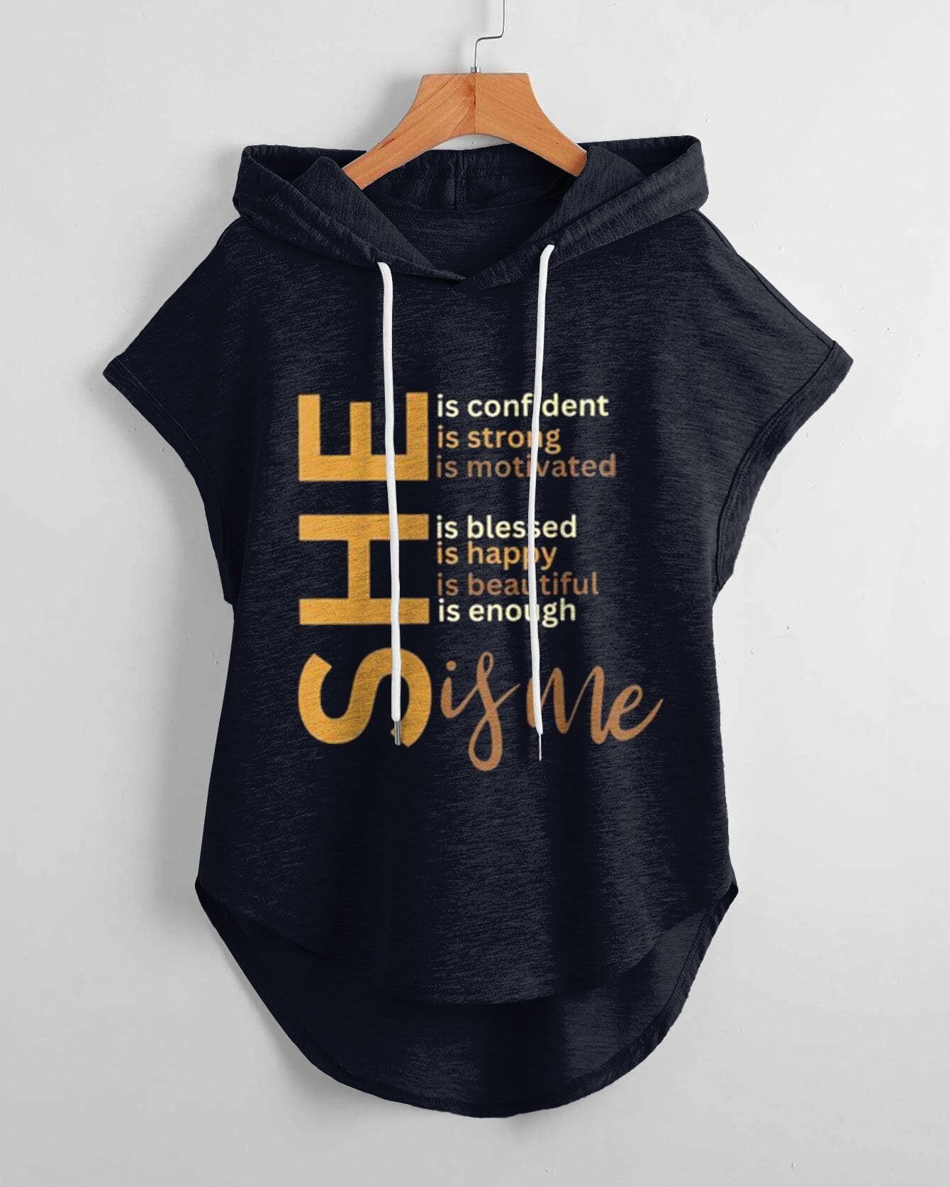 She Is Me Low Hem Drawstring Hooded Tee