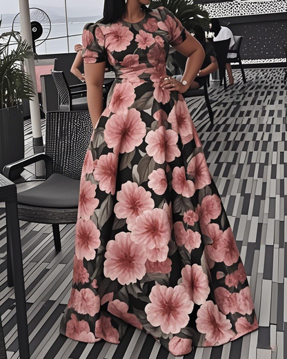 Women's Summer Elegant Round Neck Short Sleeve Floral Pattern Print Slim Waist A-Line Maxi Dress