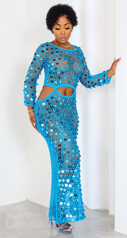 Crochet Sequins Cover Up Long Sleeve Cut Out Maxi Dresses