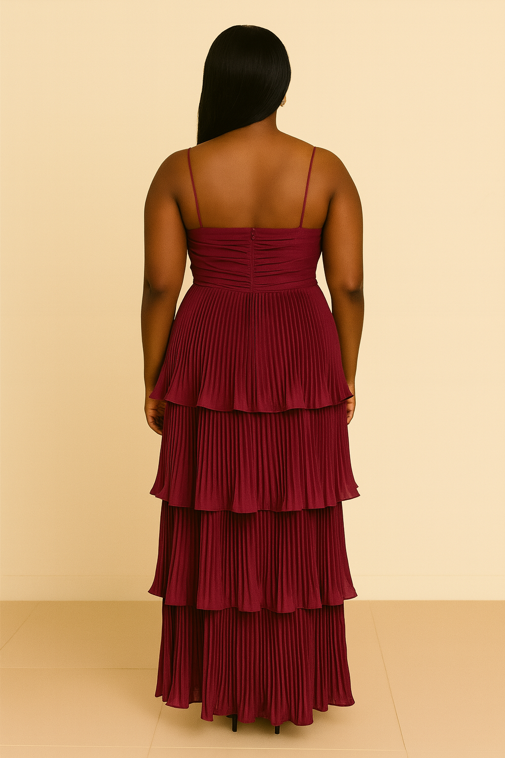 Tube Top Cinched Waist Laminated Pleated Dress